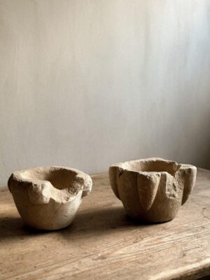 A Duo of Primitive Wabi Sabi Hand-Carved Stone Mortars, Spain, Early 1900s