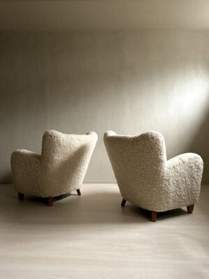 Pair of Danish Cabinetmaker Lounge Chairs in Sheepskin, Denmark, 1940s