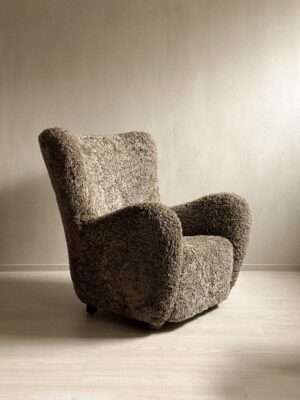 Danish Cabinetmaker Wing Back Chair in Sheepskin, Denmark, 1940s