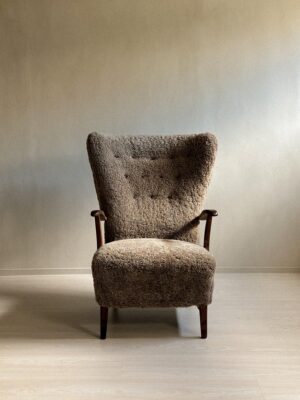 Danish Cabinetmaker Wing Back Chair in Sheepskin, Denmark, 1940s