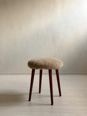 Midcentury Modern Stool , Scandi Home Style, Sheepskin, Denmark, c. 1950s