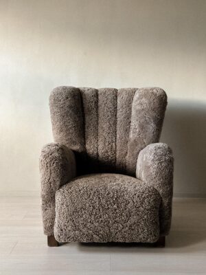 Danish Cabinetmaker Wing Back Chair in Sheepskin, Denmark, 1940s