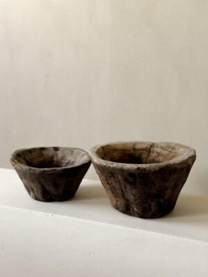 A set of two antique wooden Wabi Sabi bowls, Scandinavia, 1800s.