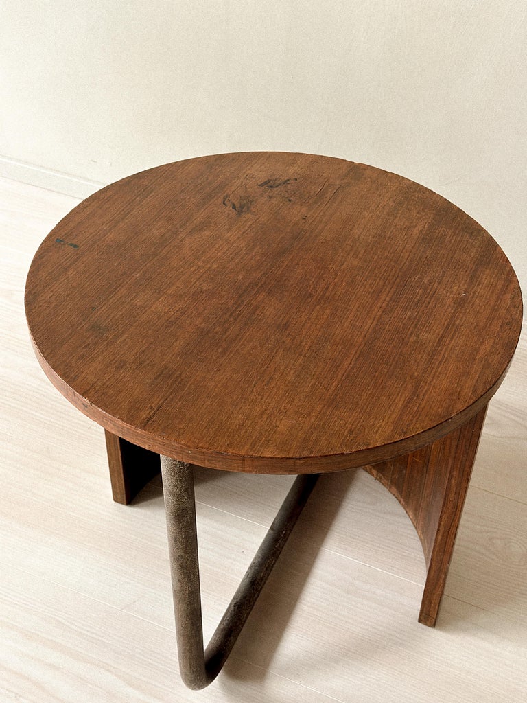 French 1950s side table with oak top and industrial metal leg