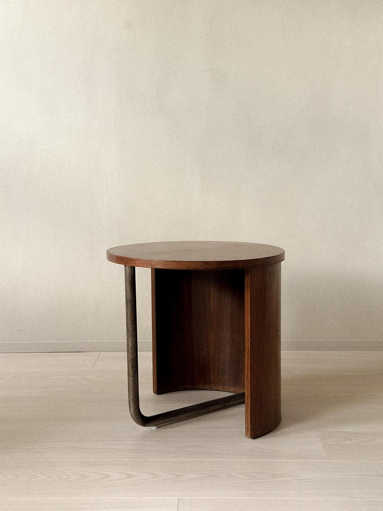 Oak veneer side table with tubular metal leg, France, 1950s