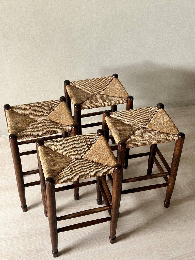 Set of 4 Mid-Century Bar Stools with Rush Seats, France, c. 1960s - Image 9