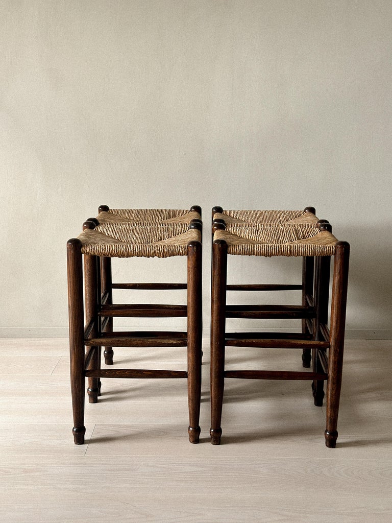 Set of 4 Mid-Century Bar Stools with Rush Seats, France, c. 1960s - Image 7