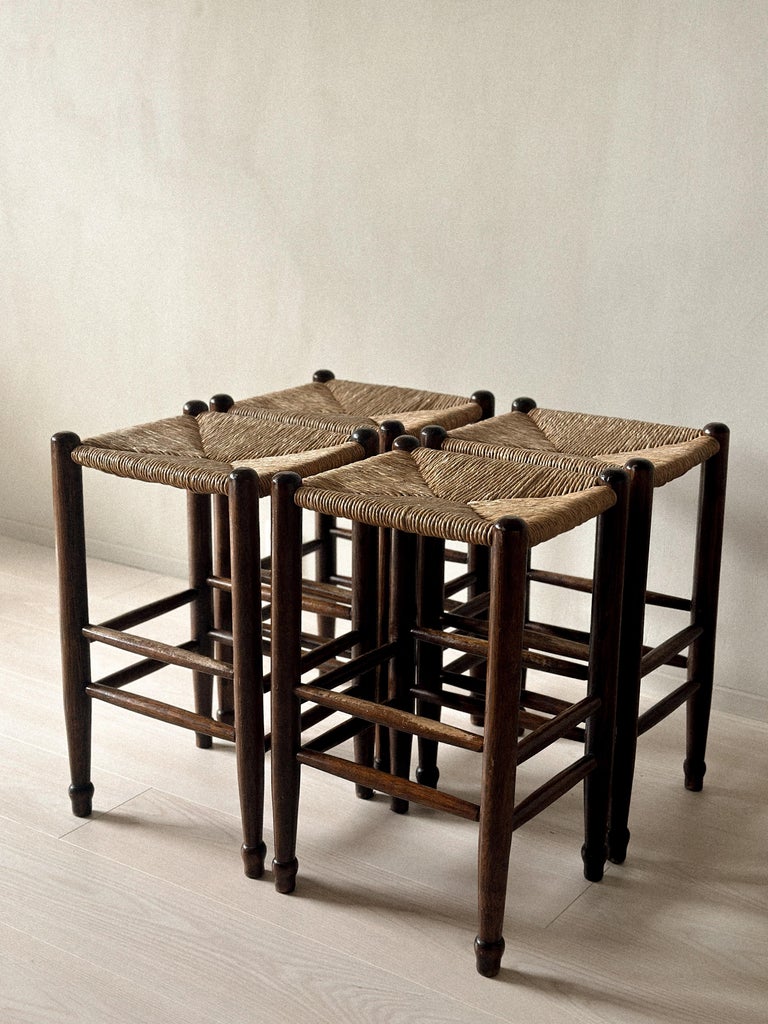Set of 4 Mid-Century Bar Stools with Rush Seats, France, c. 1960s - Image 6