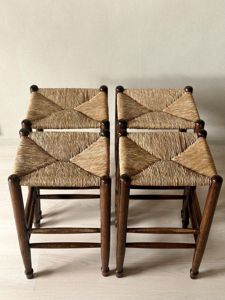 Set of 4 Mid-Century Bar Stools with Rush Seats, France, c. 1960s - Image 5