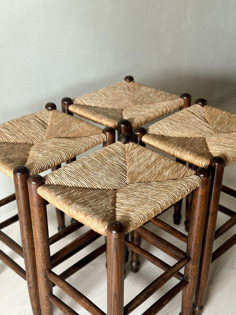 Set of 4 Mid-Century Bar Stools with Rush Seats, France, c. 1960s - Image 4