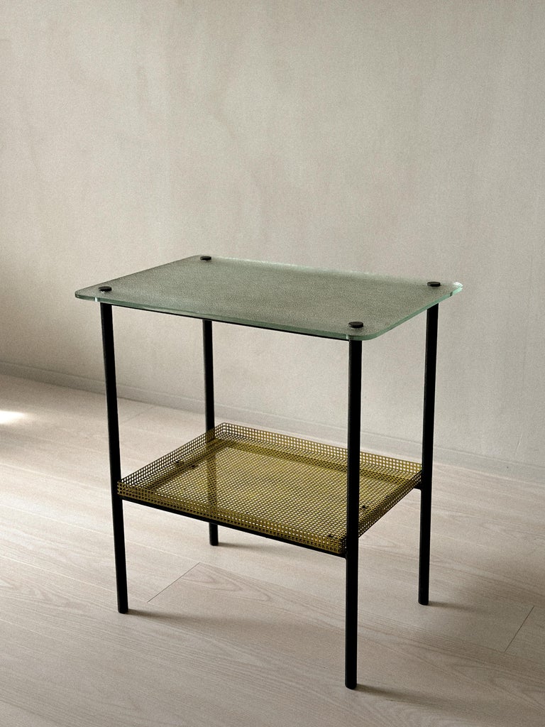 Green glass and yellow mesh side table with tubular legs, France c. 1950s