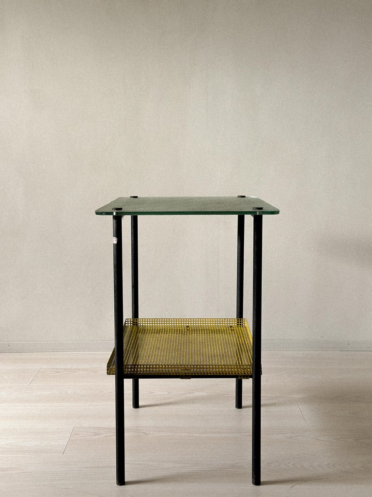 French modernist table with graphic yellow mesh and sculptural presence
