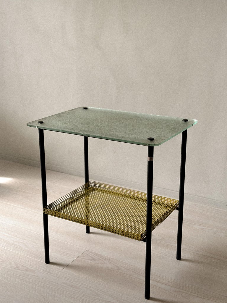 Paul Grivois two-tier table with St-Gobain glass and yellow metal shelf