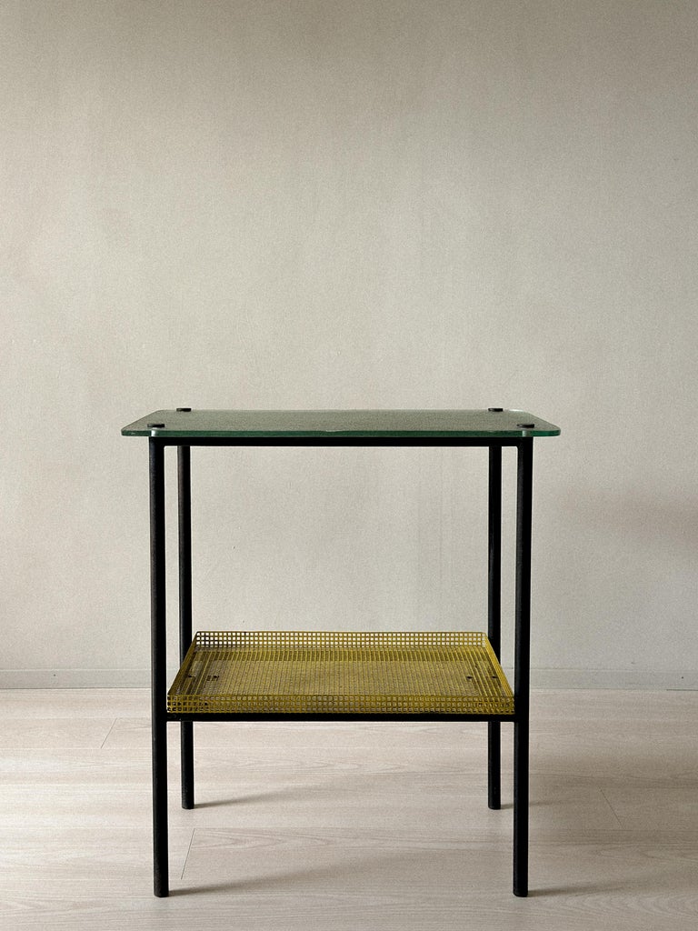 Mid-century French side table with colored glass and perforated metal tray