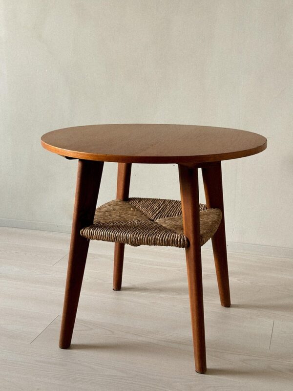 Minimalist Danish side table with lower shelf in rush