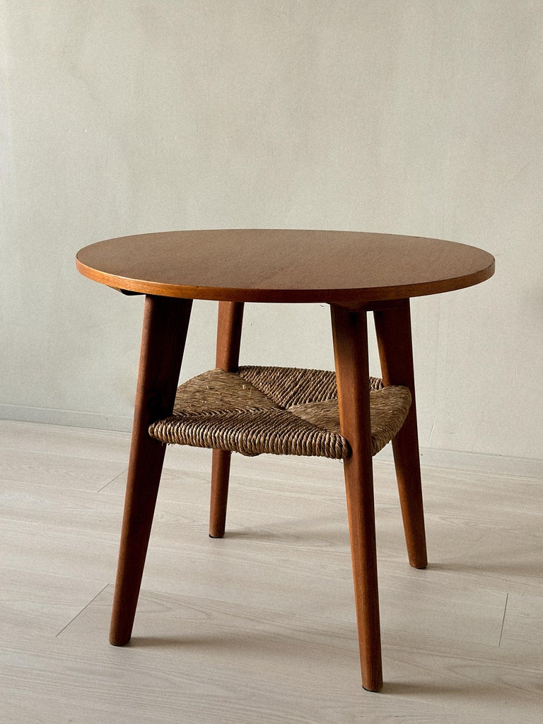 Minimalist Danish side table with lower shelf in rush
