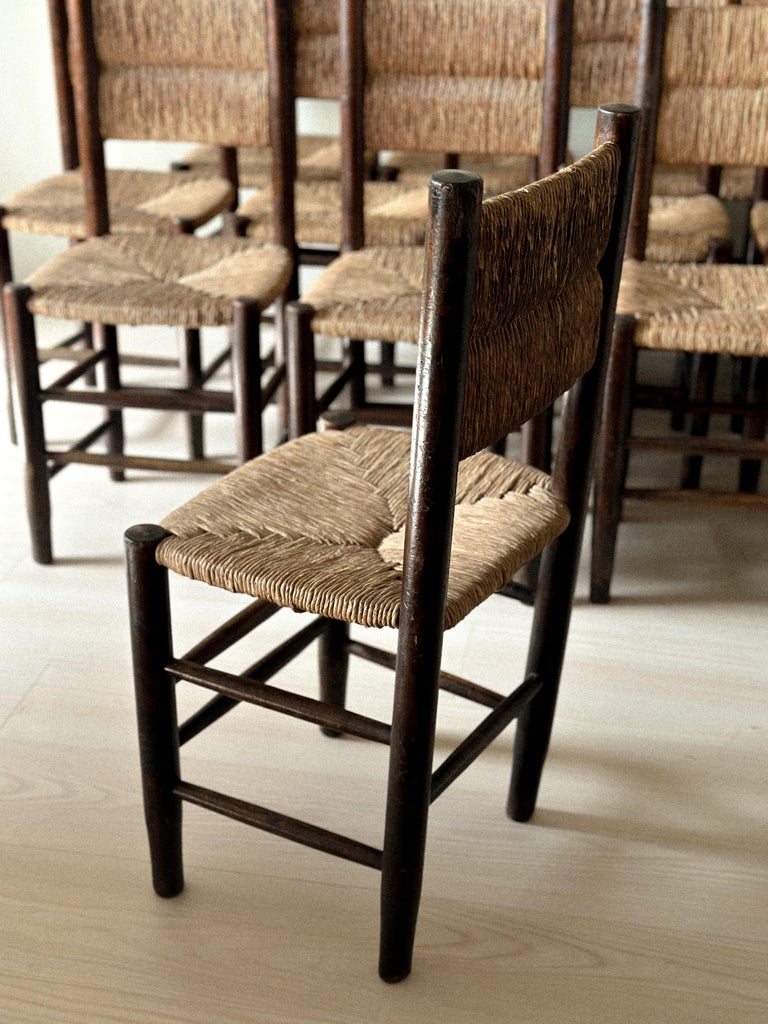 Unique Set of 12 Rush Dining Chairs in taste of Charlotte Perriand, France 1960s - Image 9