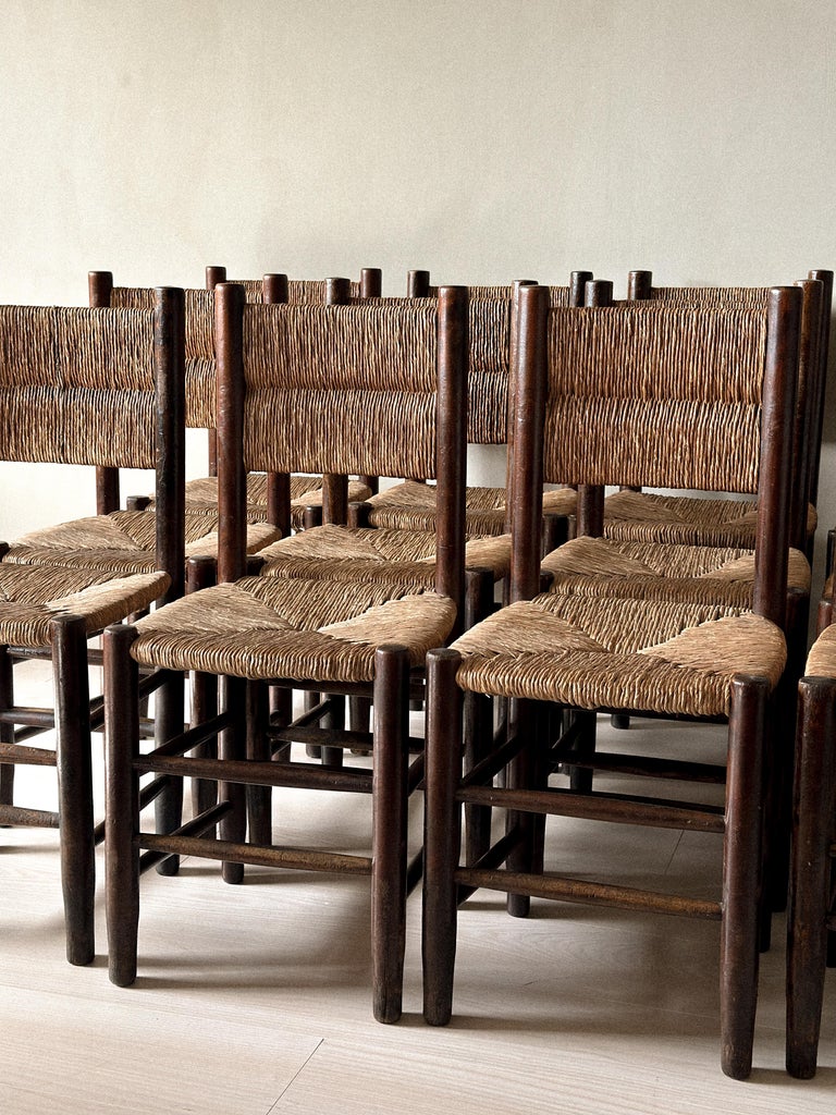 Unique Set of 12 Rush Dining Chairs in taste of Charlotte Perriand, France 1960s - Image 12