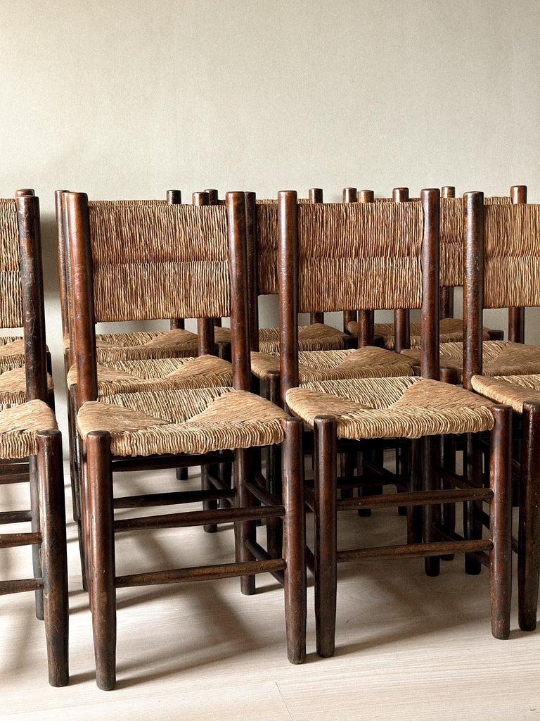 Unique Set of 12 Rush Dining Chairs in taste of Charlotte Perriand, France 1960s - Image 11