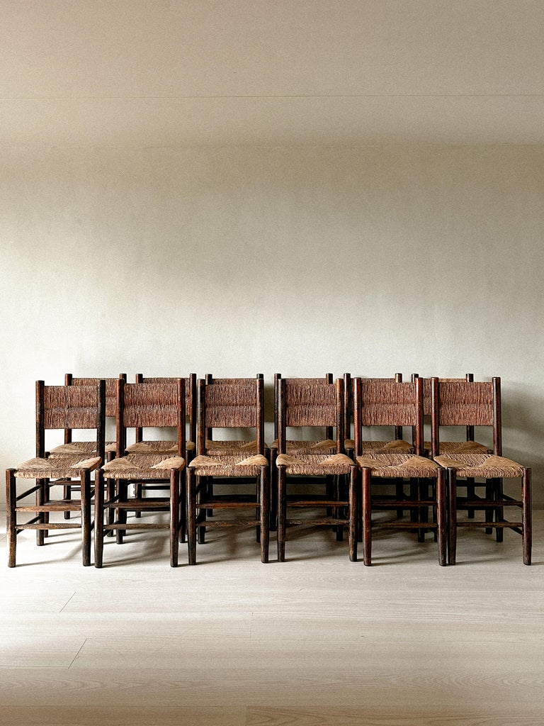 Unique Set of 12 Rush Dining Chairs in taste of Charlotte Perriand, France 1960s - Image 17