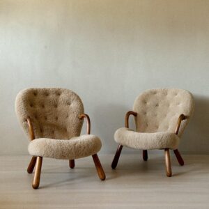 Pair of vintage Clam Chairs by Arnold Madsen in shearling