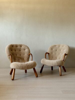 Pair of vintage Clam Chairs by Arnold Madsen in shearling