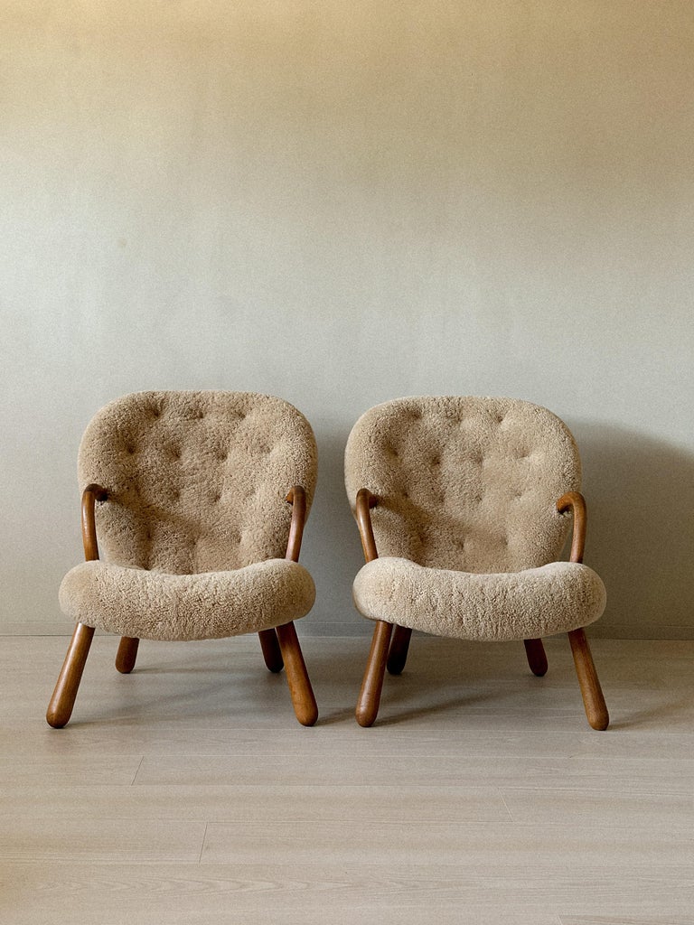Front view of Clam Chairs in soft shearling upholstery