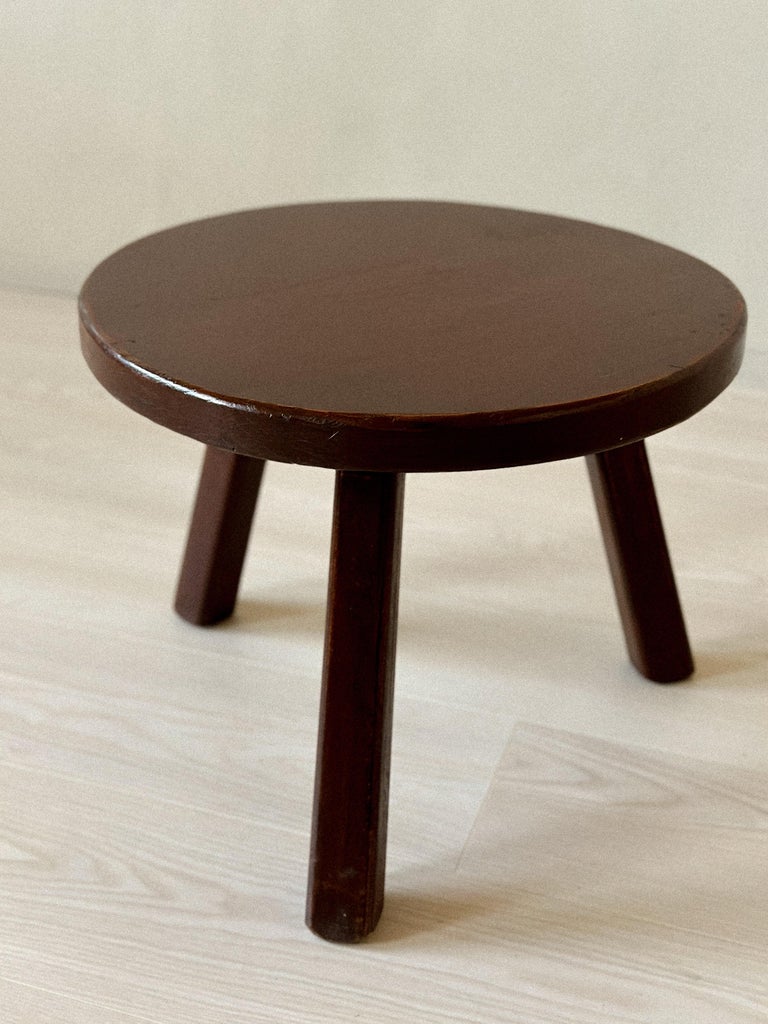 Top view of round French oak table showing wood grain