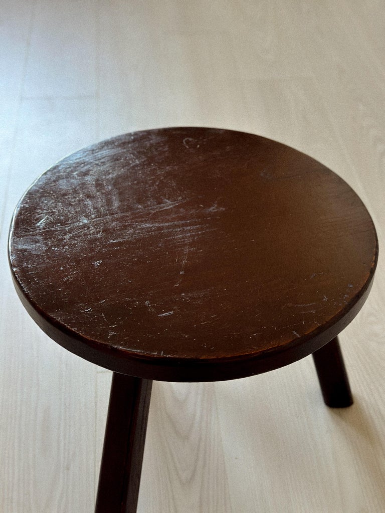 Vintage French solid oak round side table with patina