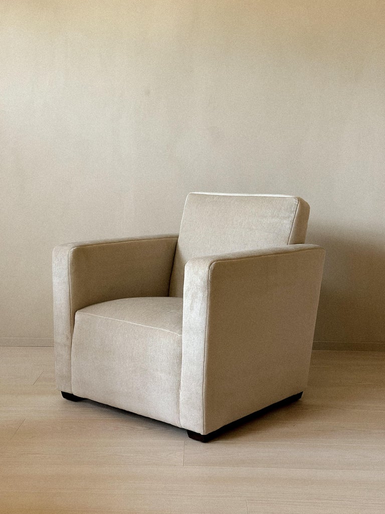Front view of vintage Danish club chair in beige fabric