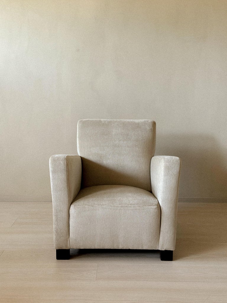 Front view of 1940s Danish club chair in soft upholstery