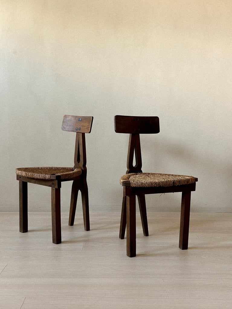 Pair of rustic Spanish low chairs in wood and rush