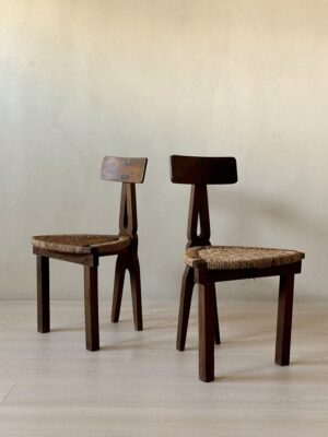 Pair of Spanish low chairs with sculpted wooden backs and rush seats, 1960s