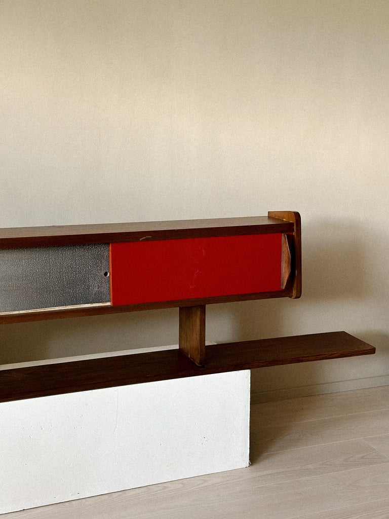 Wall-mounted French shelf with wood frame and sliding panels
