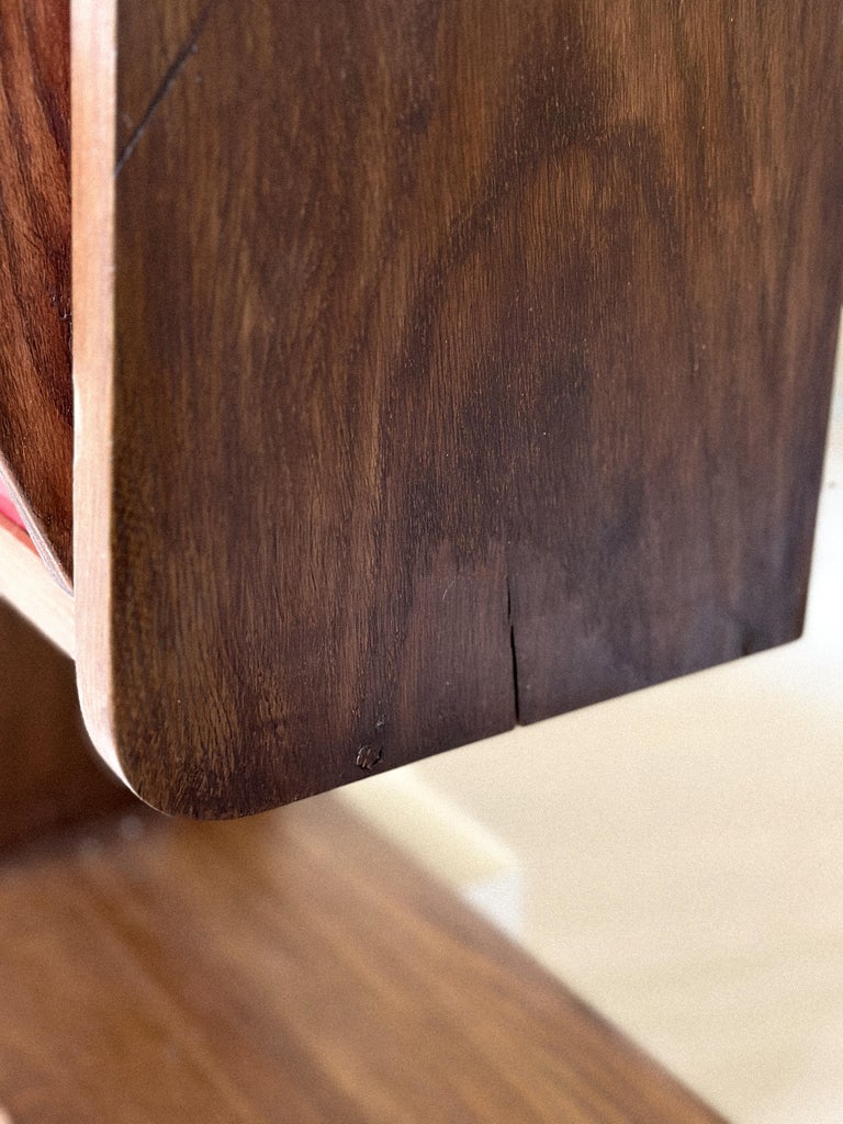 Patina detail on French mid-century wooden shelf