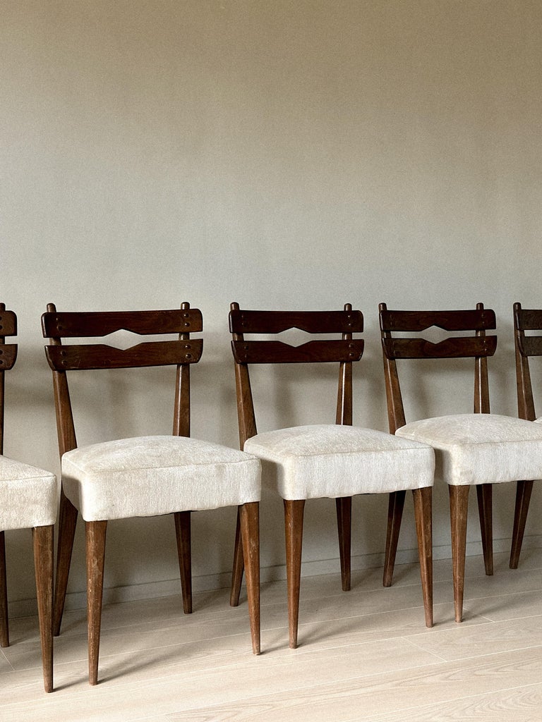 Row of six mid-century dining chairs with simple modernist style
