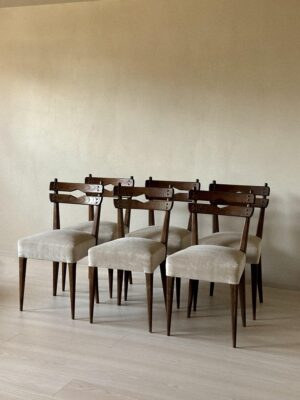 Set of six mid-century dining chairs in dark wood with neutral upholstery