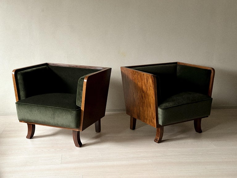 A Pair of Art Deco Armchairs in Oak and Olive Green Velvet, Norway 1930s - Image 3