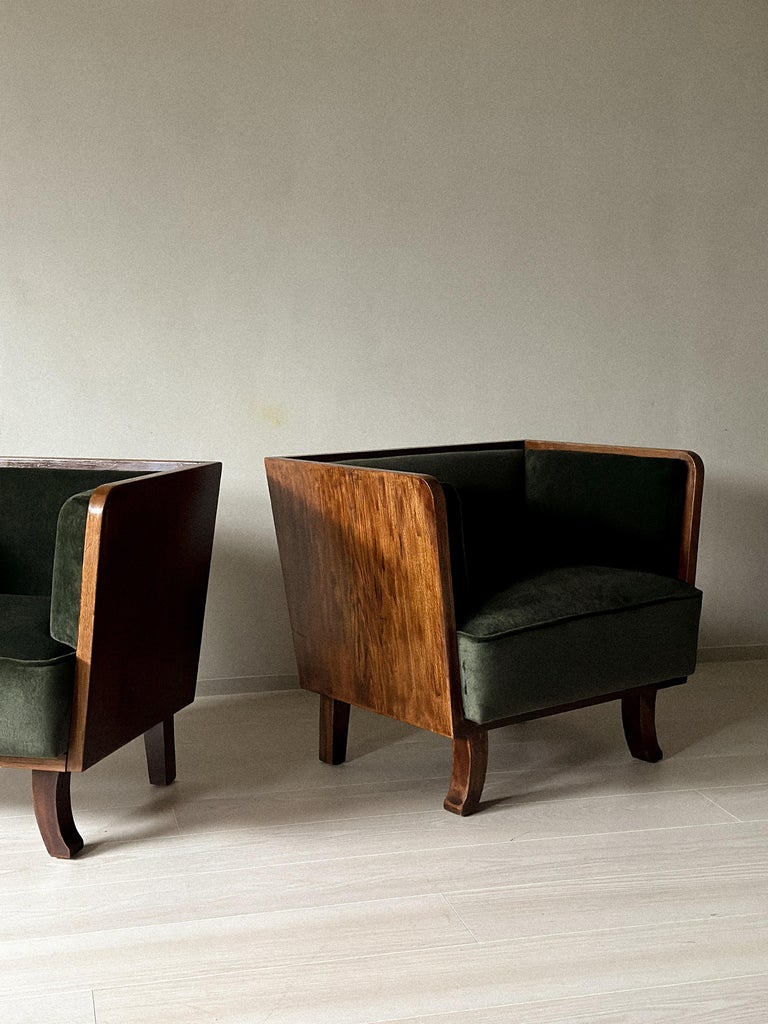 A Pair of Art Deco Armchairs in Oak and Olive Green Velvet, Norway 1930s - Image 11