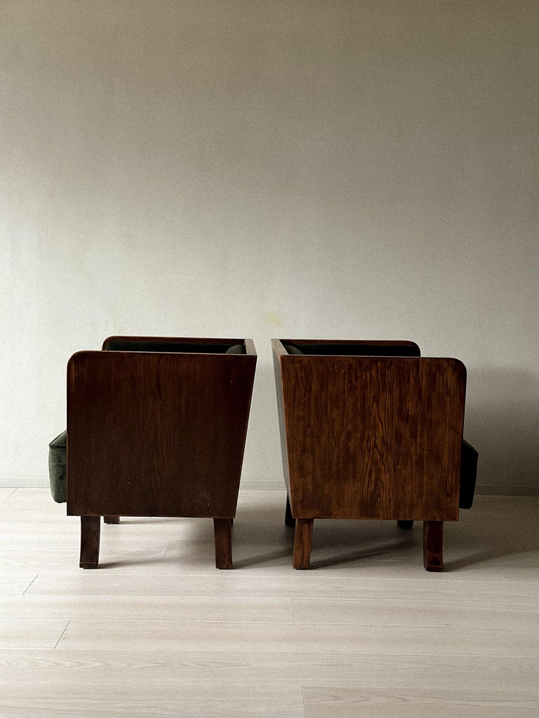A Pair of Art Deco Armchairs in Oak and Olive Green Velvet, Norway 1930s - Image 9