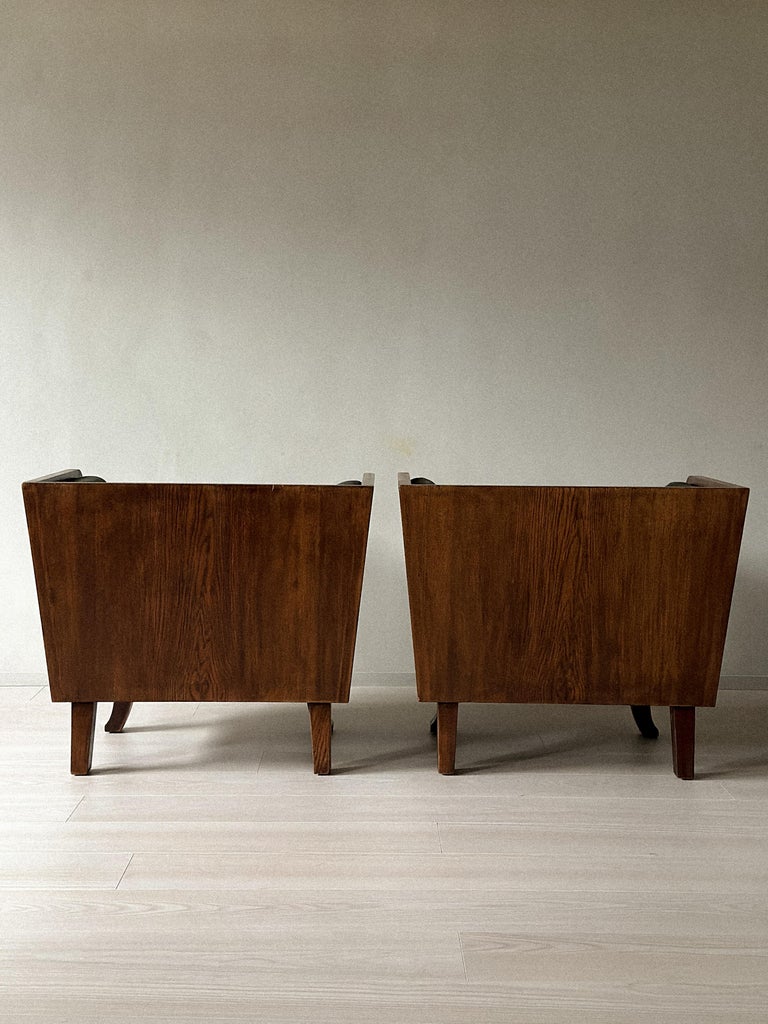 A Pair of Art Deco Armchairs in Oak and Olive Green Velvet, Norway 1930s - Image 7