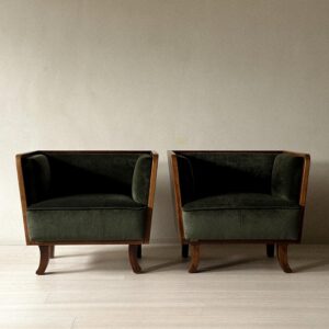 A Pair of Art Deco Armchairs in Oak and Olive Green Velvet, Norway 1930s