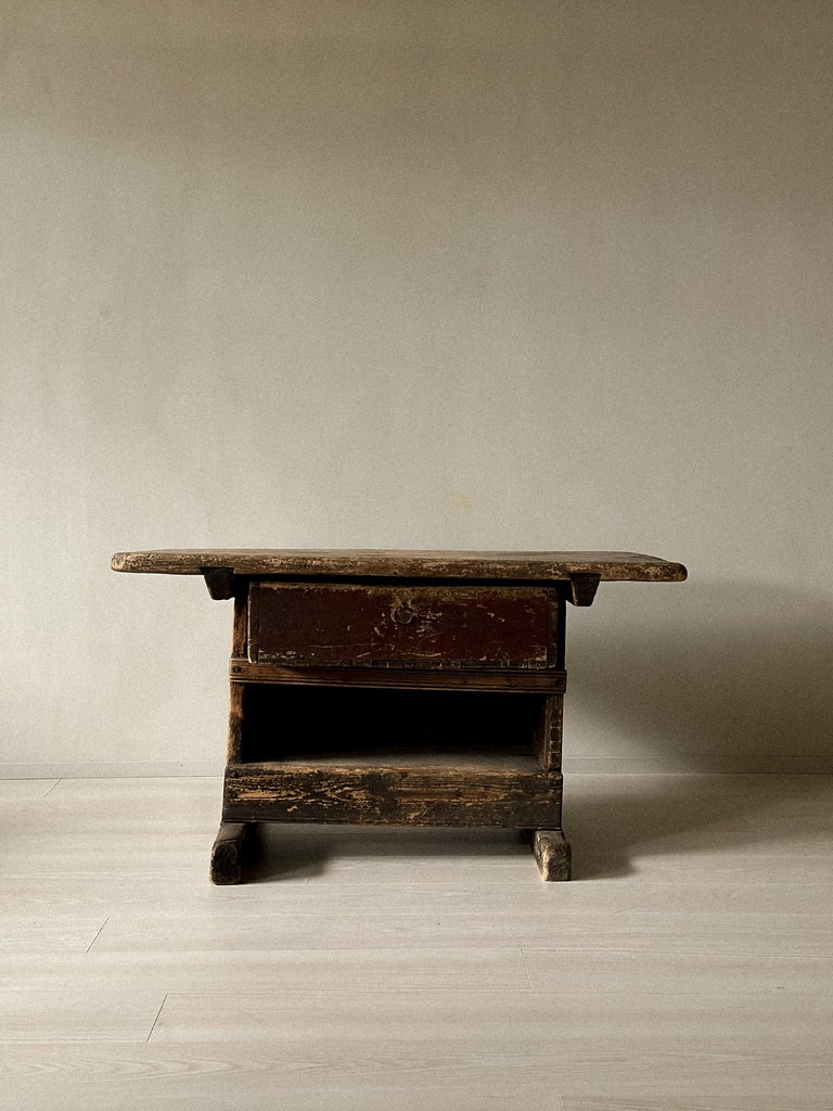 Primitive Pine Console Table with Drawer, Scandinavian Wabi Sabi, c. 1800s