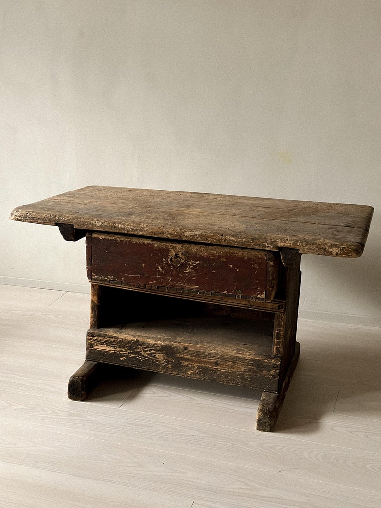 Primitive Pine Console Table with Drawer, Scandinavian Wabi Sabi, c. 1800s - Image 4