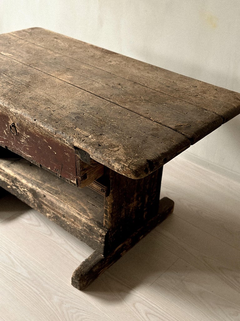 Primitive Pine Console Table with Drawer, Scandinavian Wabi Sabi, c. 1800s - Image 14