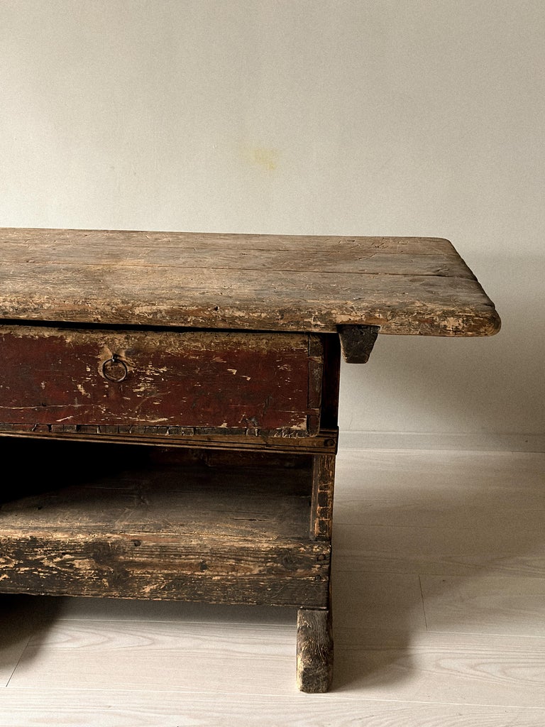 Primitive Pine Console Table with Drawer, Scandinavian Wabi Sabi, c. 1800s - Image 12