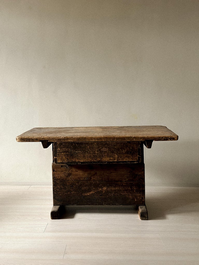 Primitive Pine Console Table with Drawer, Scandinavian Wabi Sabi, c. 1800s - Image 10