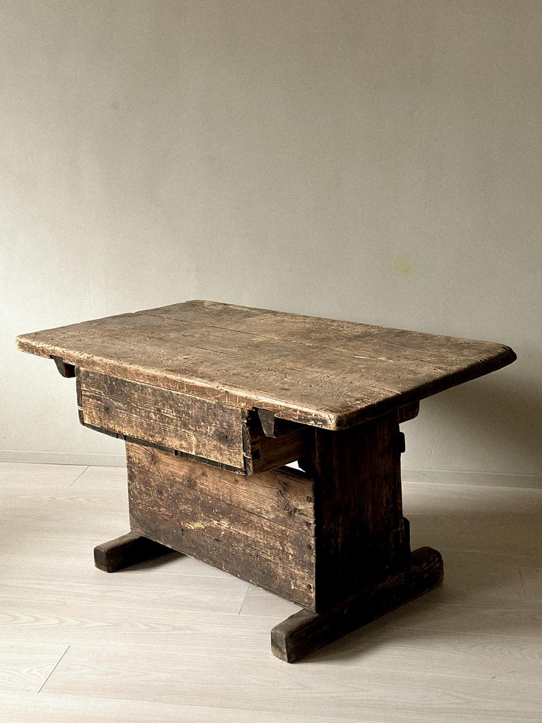 Primitive Pine Console Table with Drawer, Scandinavian Wabi Sabi, c. 1800s - Image 7