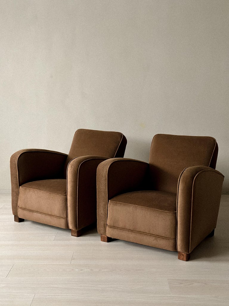 A Pair of Art Deco Armchairs in Brown Natural Blend, Denmark c. 1940