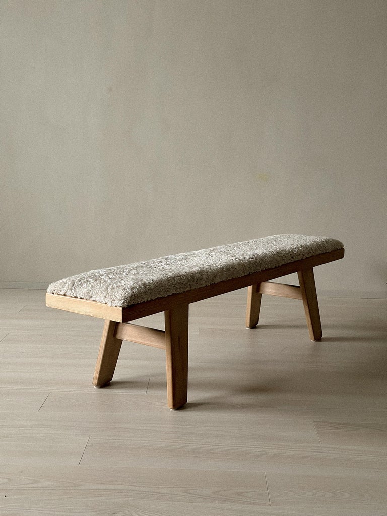 A Vintage Pinewood Bench in Sheepskin by Krogenæs, Norway 1960s - Image 3